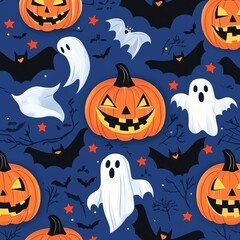 Seamless Halloween pattern with pumpkins, ghosts, bats, and stars on a spooky blue background. Perfect for festive decorations.