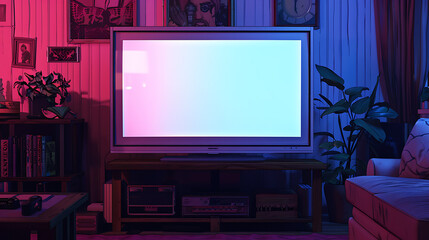 home entertainment center, in a realistic living room setting, a big tv sits on a shelf with an empty white screen as the background