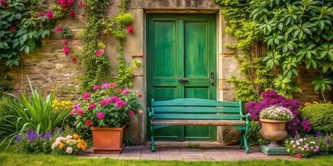 Fototapeta premium A Tranquil Garden Scene Featuring a Rustic Stone Wall, Vibrant Blooms, Lush Greenery, and a Serene Green Doorway Leading to a Wooden Bench