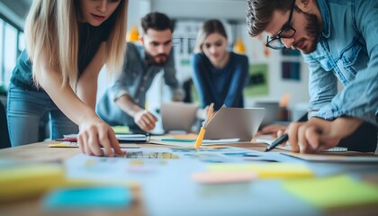 Team Collaborating on Project with Sticky Notes and Laptops