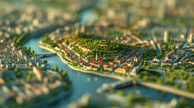 Aerial cityscape captured with tilt-shift technique, showcasing a vibrant urban area with a lush green park and river. The miniature effect highlights buildings, streets, and greenery, offering a