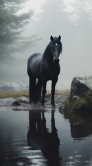Obraz premium Majestic Black Horse Standing Alone on Misty Terrain