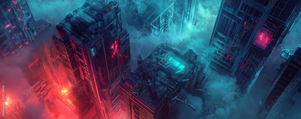 Poster futuristic cityscape with towering buildings surrounded by colorful lights and fog, creating a myste