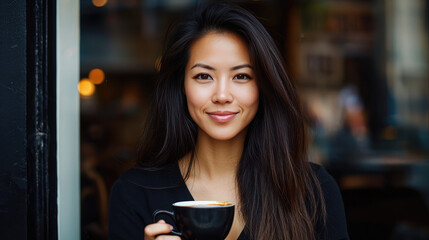 beautiful asian lady is drinking coffee  on the outdoor cafe table 