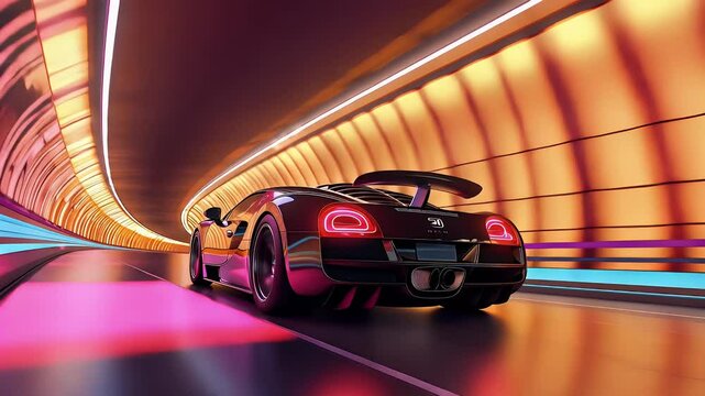 Black sports car driving through a brightly lit tunnel.