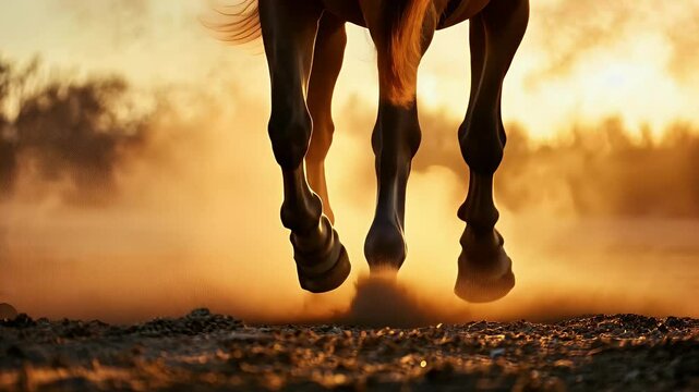 Close up of a horse's hooves running through dusty field at sunset.