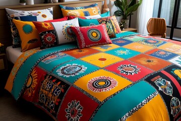 Realistic image of a bed with colorful, patterned sheets, creating a cheerful and comfortable sleep environment