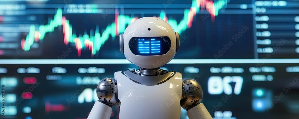 Aufkleber a futuristic robot stands in front of a digital financial chart, symbolizing the integration of tech