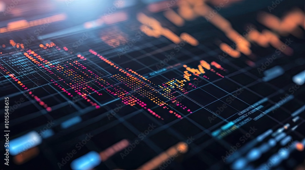 Poster dynamic data visualization featuring vibrant charts and graphs representing market trends and financ