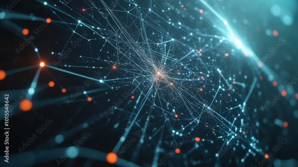 Poster digital network visualization with bright nodes and lines