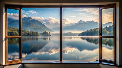A Window View of a Tranquil Lake Reflecting the Majestic Mountains and the Soft, Serene Clouds of a Gentle Dawn