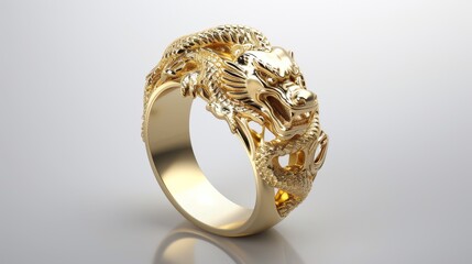 This striking gold ring features a detailed dragon motif wrapping around the band, showcasing intricate craftsmanship. The bold design and luxurious gold finish make it a standout piece, perfect for