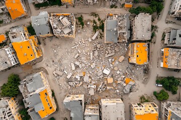 Aerial view of urban destruction with collapsed buildings and rubble surrounded by partially intact structures.