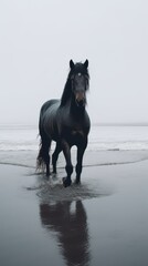 Majestic Black Horse Walking Through the Shallow Waves on a Misty Beach