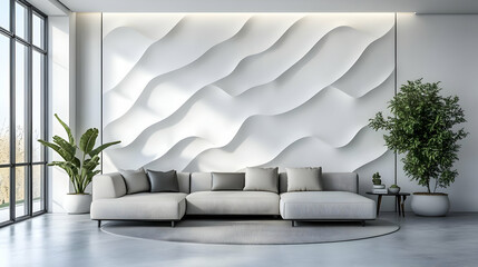 White 3D Wall Panel with Sofa in Minimalist Interior Design - 3D Illustration