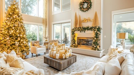 Fototapeta premium A sophisticated holiday scene in a spacious living room, decorated with gold accents and white Christmas decor, with a glowing tree and stylish, modern furniture. 