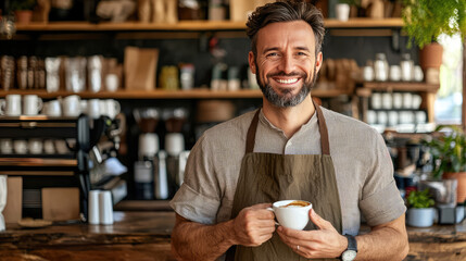 photo of a coffee shop owner in his cafe making coffee for the customer 