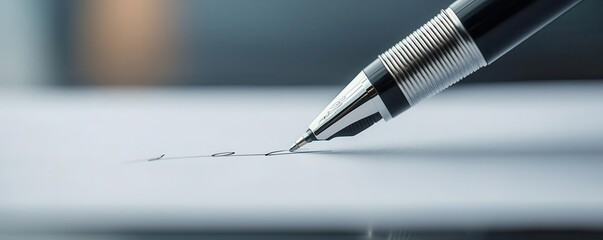 Fototapeta premium Close-up of a pen about to sign a contract, with focus on the signature line, symbolizing final agreement in negotiation, deal-making, communication