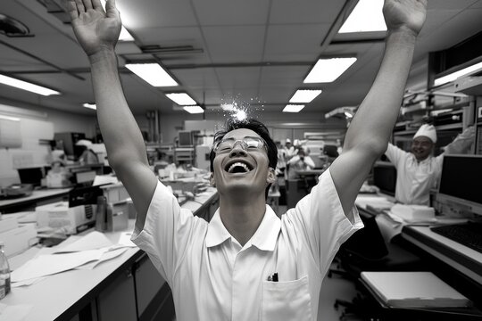 Scientists celebrating the splitting of the atom in a research lab, representing a pivotal achievement in nuclear science