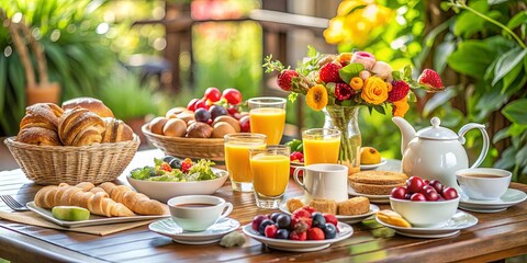 A Vibrant Breakfast Spread on a Wooden Table With Freshly Baked Bread, Fruit, and Juices