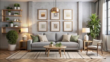 Fototapeta premium A cozy living room with a gray sofa, wooden coffee table, and an array of green plants, illuminated by a hanging gold pendant lamp and table lamps, showcasing a minimalist design aesthetic
