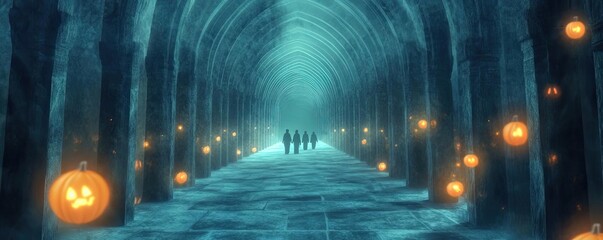 Naklejka premium A hauntingly beautiful hallway illuminated by glowing pumpkins, creating an eerie yet enchanting atmosphere for Halloween.
