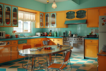 very retro 70's style kitchen decoration illustration background