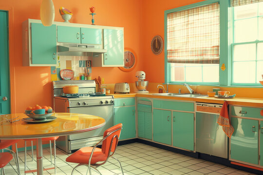 very vintage  retro 70's style kitchen design green and orange color theme decoration illustration background
