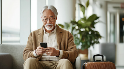 older businessman is traveling for work , using the cellphone at the luxury business class lounge at the airport 