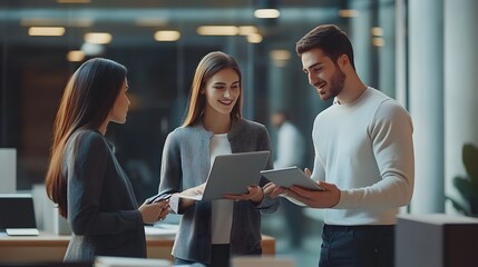 Three Business Professionals Collaborating Using Laptops and Tablets