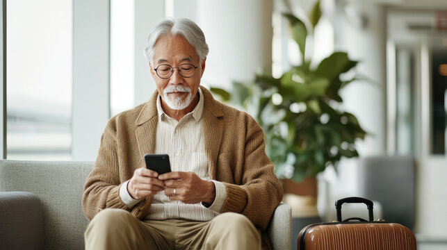 older businessman is traveling for work , using the cellphone at the luxury business class lounge at the airport 