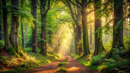 Fototapeta premium A Sunlit Path Through a Canopy of Lush Green Trees, Illuminating the Forest Floor with Golden Rays