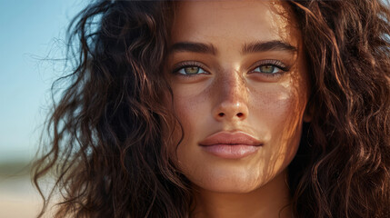 beautiful tan woman with brown ,green eyes , sun kissed make up  , wild curly hair do 