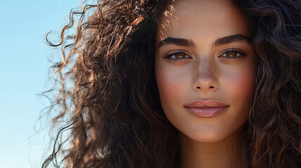 beautiful tan woman with brown ,green eyes , sun kissed make up  , wild curly hair do 