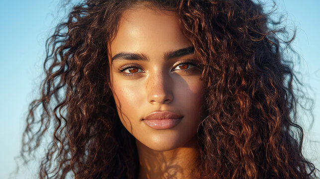beautiful tan islander woman with brown skin ,green eyes , sun kissed make up  , wild curly hair do sunbathing 