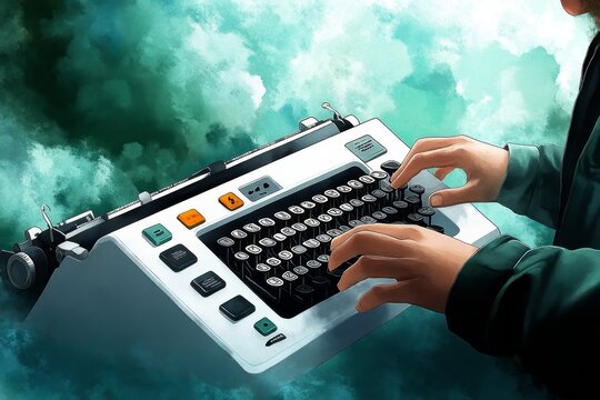 Watercolor scene of a person using an early typewriter, with soft tones capturing the nostalgic beauty of yesterdayâ€™s achievements in communication technology
