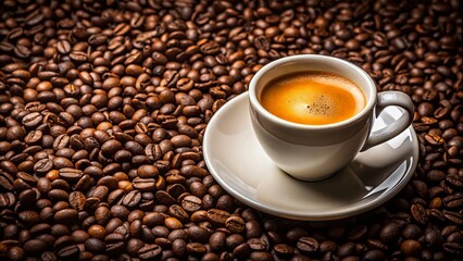 Fototapeta premium A cup of espresso nestled in a sea of roasted coffee beans, a tempting invitation to savor the rich aroma and bold flavor.