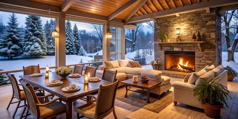 Fototapeta premium A Cozy Enclave Warmth Embraces a Winter Scene Through Expansive Windows, Offering Comfort and Serenity in a Beautifully Furnished Sunroom