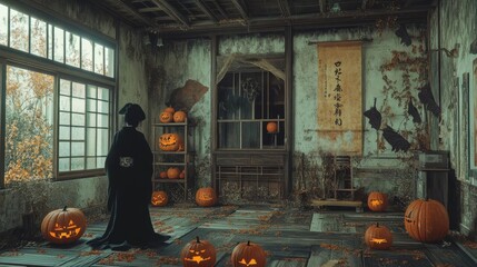 Obraz premium A hauntingly beautiful room adorned with carved pumpkins, evoking a spooky atmosphere, perfect for Halloween-themed projects.
