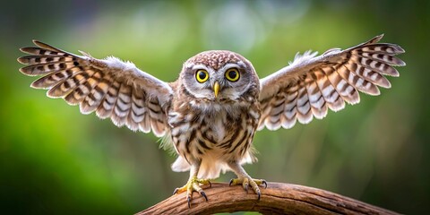 Obraz premium A small owl with bright yellow eyes perched on a branch, its wings spread wide, capturing a moment of silent anticipation before taking flight.