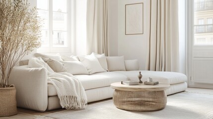 A white sectional sofa sits in a bright living room with natural light streaming through the windows. The sofa is accented with a white blanket, a few pillows, and a wooden coffee table