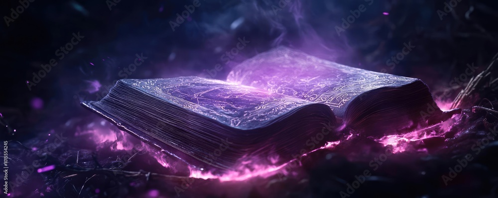 Poster a mystical open book emanating purple light, surrounded by ethereal mist and sparkles, creating a ca