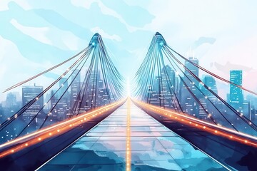 Obraz premium Abstract bridge made of glowing lines connecting two futuristic cities, symbolizing business innovation and technological disruption as a path to growth
