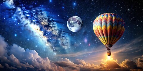 Naklejka premium A vibrant hot air balloon ascends through a celestial tapestry, with a luminous moon illuminating the night sky filled with twinkling stars.