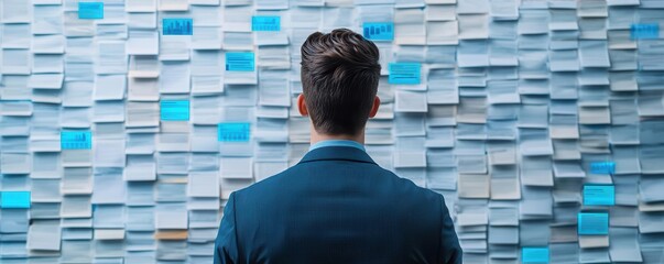 Businessman breaking through a wall of old paperwork, entering a world of floating data streams and digital progress, representing business disruption