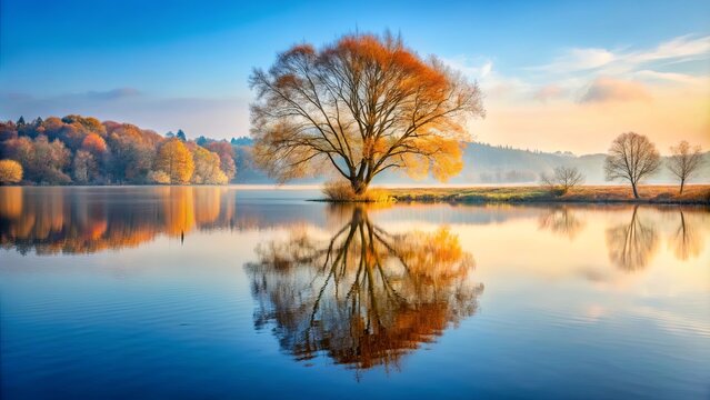 A solitary tree with golden foliage stands tall against the backdrop of a serene lake, its reflection mirrored in the tranquil water.