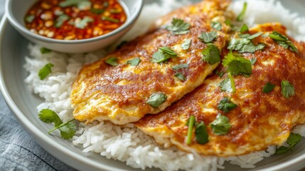 Delicious omelet served on rice with chili sauce