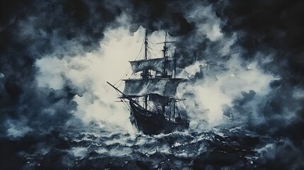 Fototapeta premium An ethereal image of a phantom ship navigating rough seas under a stormy sky, its haunting glow cutting through the darkness, beautifully rendered in watercolor. 