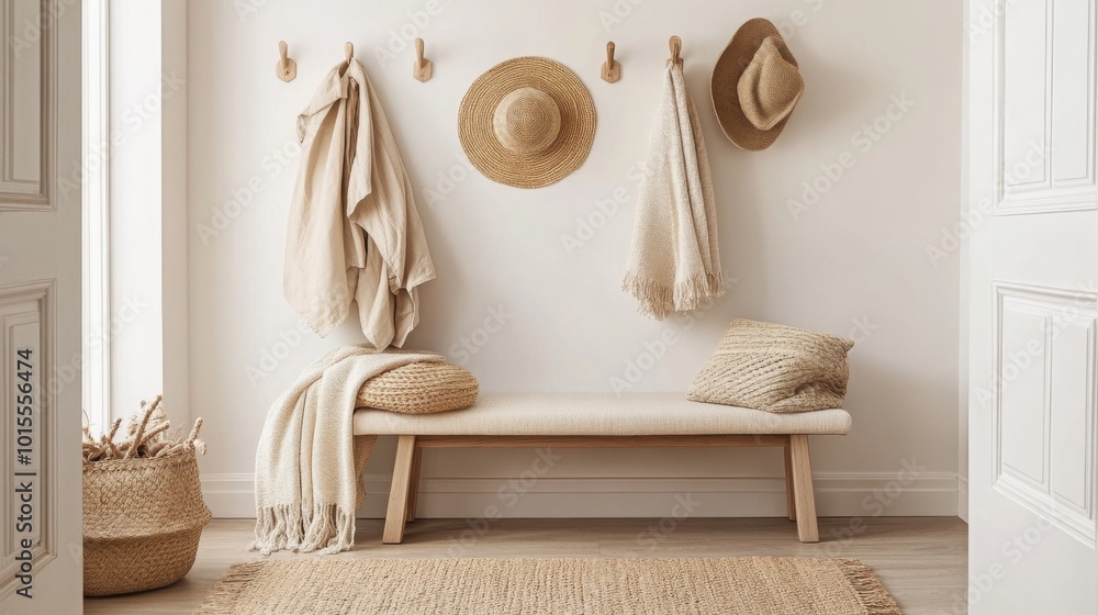 Poster a serene entryway showcases a simple bench adorned with soft blankets and a woven rug, complemented 