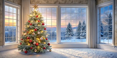 A Festive Christmas Tree Stands Elegantly in a Room with Large Windows Framing a Snowy Winter Landscape Beyond